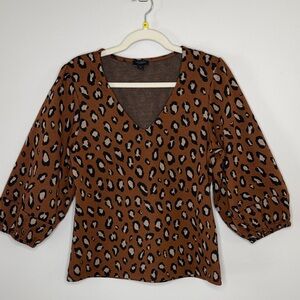 Ann Taylor Brown Leopard Print V-Neck Blouse Medium